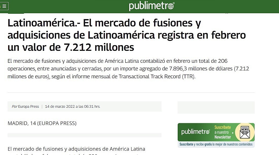 El mercado de fusiones y adquisiciones de Latinoamrica registra en febrero un valor de 7.212 millones